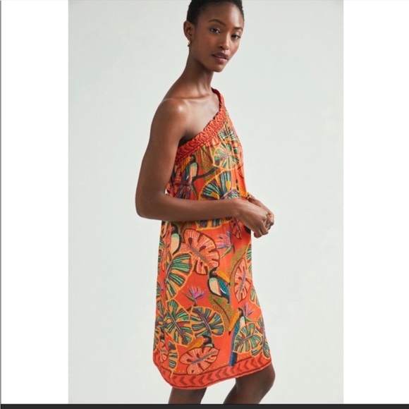 Farm Rio M Fiji One Shoulder Side Pockets Orange Toucan Print - Picture 1 of 13